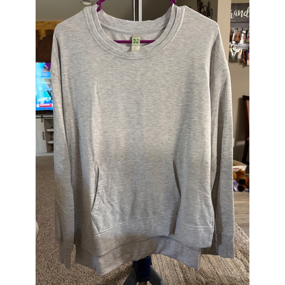 GreenTea Womens Gray Heather Fleece Crewneck Sweatshirt Kangaroo Pocket Large